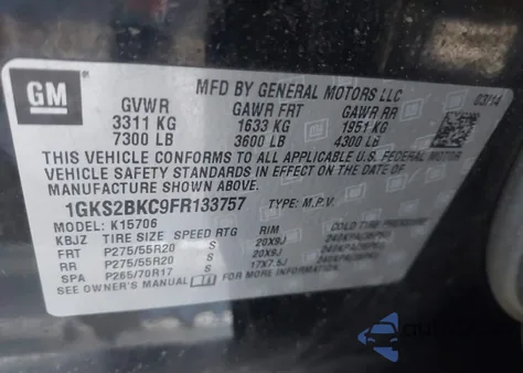 2015 GMC Yukon Slt из США, поврежденный, VIN 1GKS2BKC9FR133757